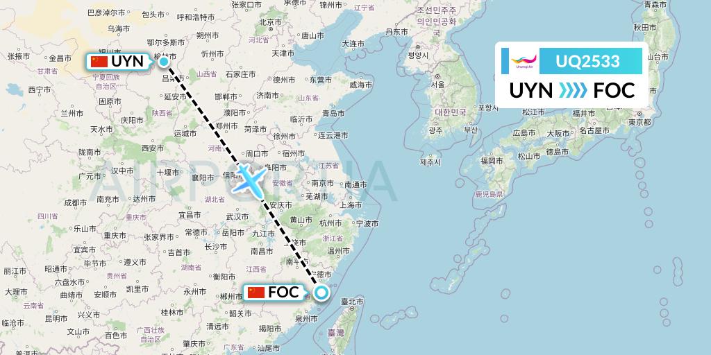 UQ2533 Urumqi Airlines Flight Map: Yulin to Fuzhou