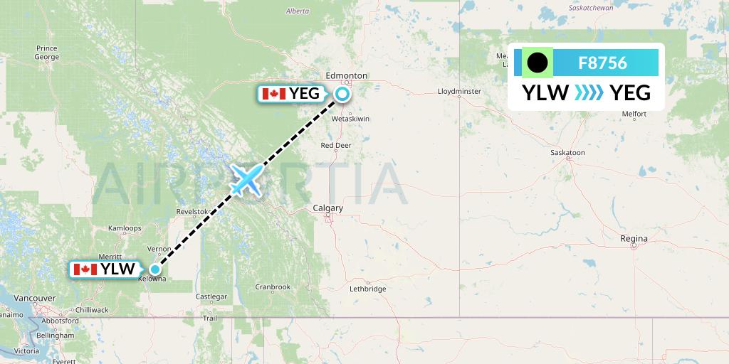 F8756 Flair Airlines Flight Map: Kelowna to Edmonton