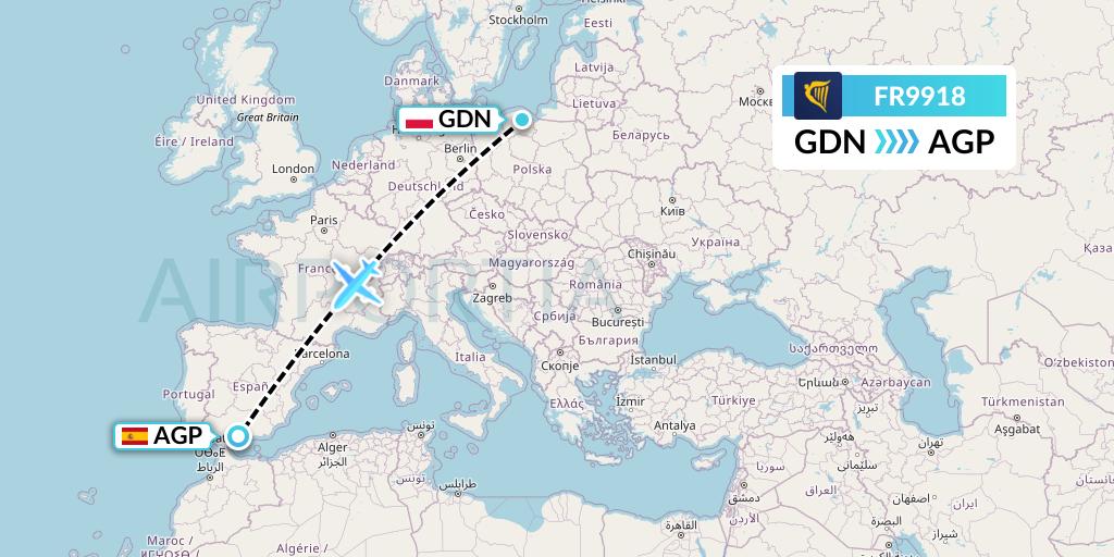 FR9918 Ryanair Flight Map: Gdansk to Malaga