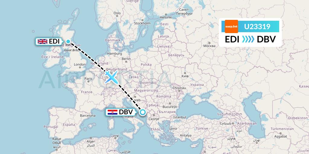 U23319 EasyJet Flight Map: Edinburgh to Dubrovnik