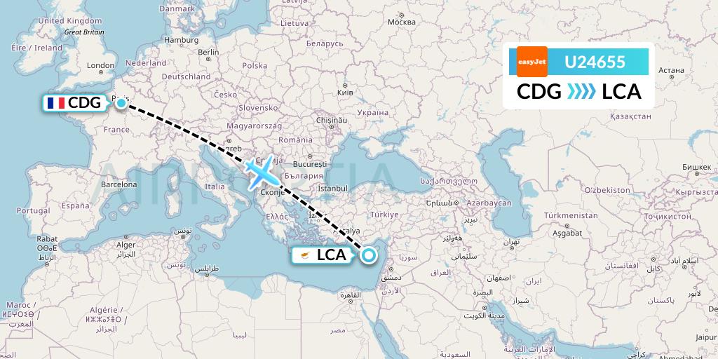 U24655 EasyJet Flight Map: Paris to Larnaca