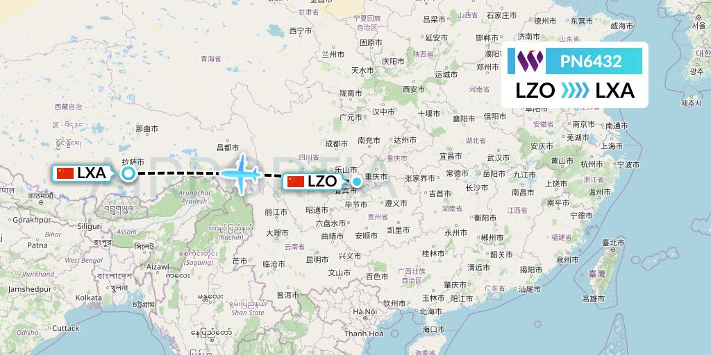 PN6432 China West Air Flight Map: Luzhou to Lhasa