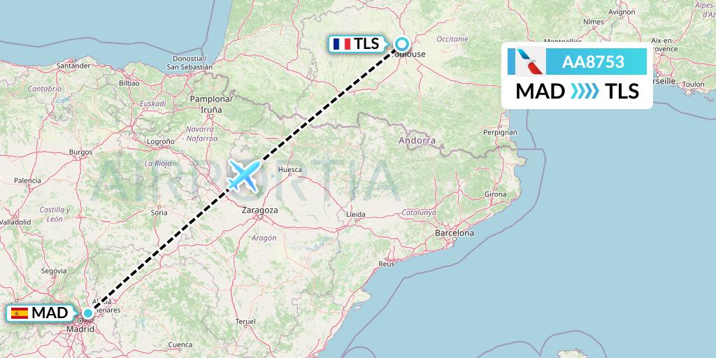 AA8753 American Airlines Flight Map: Madrid to Toulouse