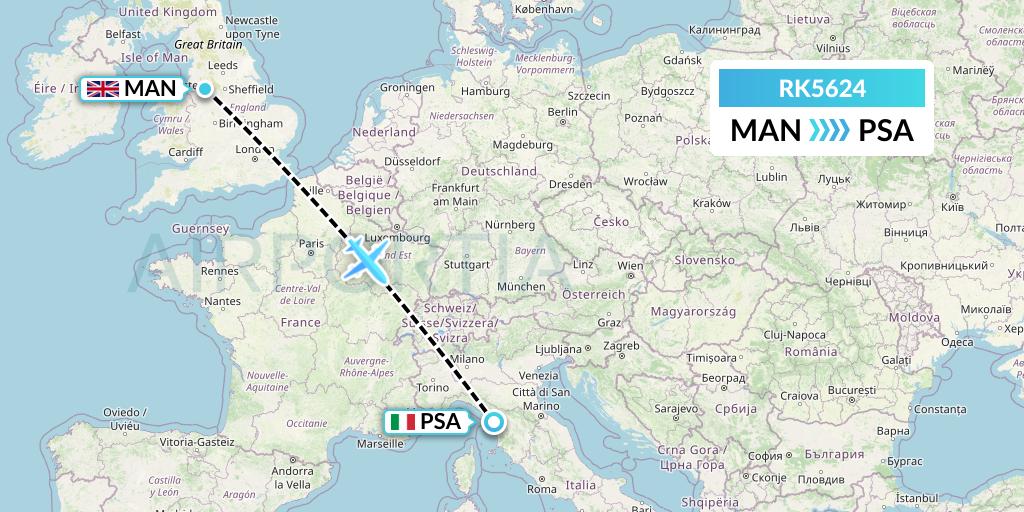 RK5624 Ryanair UK Flight Map: Manchester to Pisa