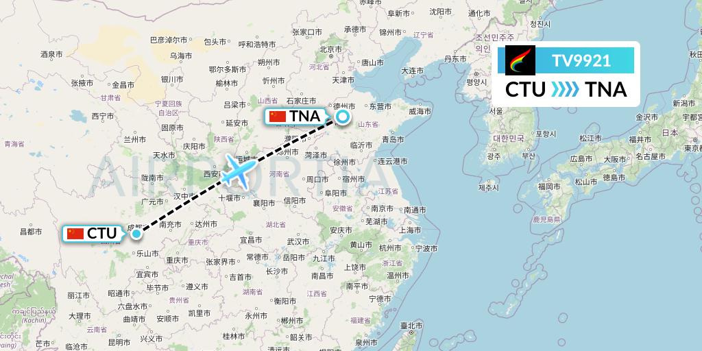 TV9921 Tibet Airlines Flight Map: Chengdu to Jinan