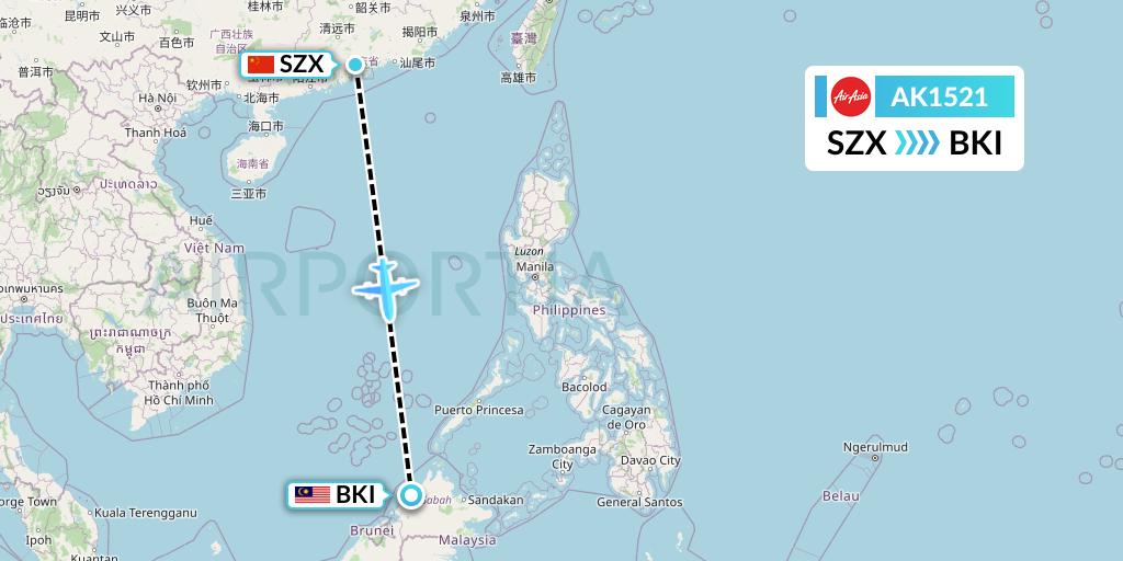 AK1521 AirAsia Flight Map: Shenzhen to Kota Kinabalu