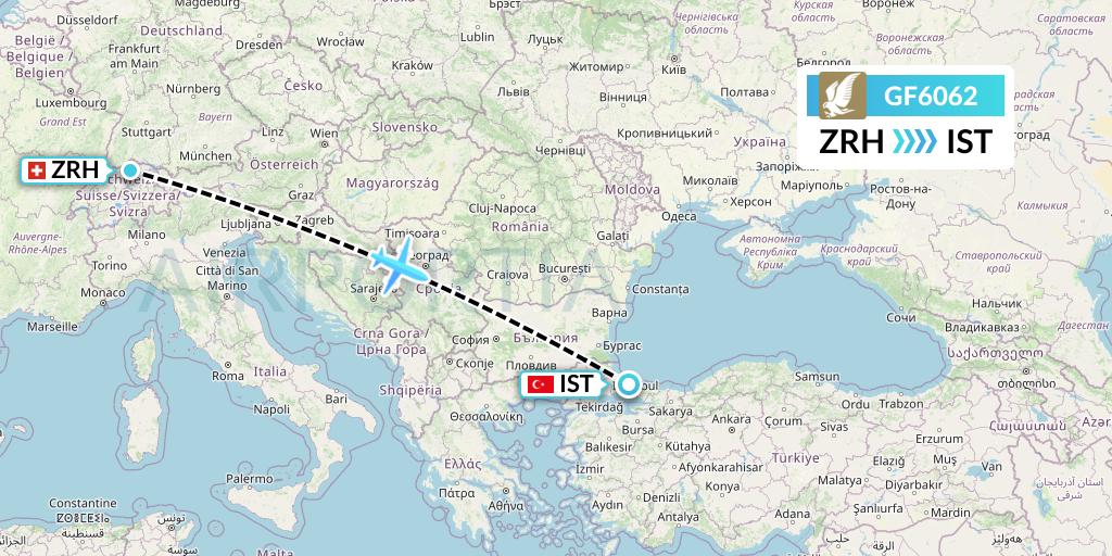 GF6062 Gulf Air Flight Map: Zurich to Istanbul