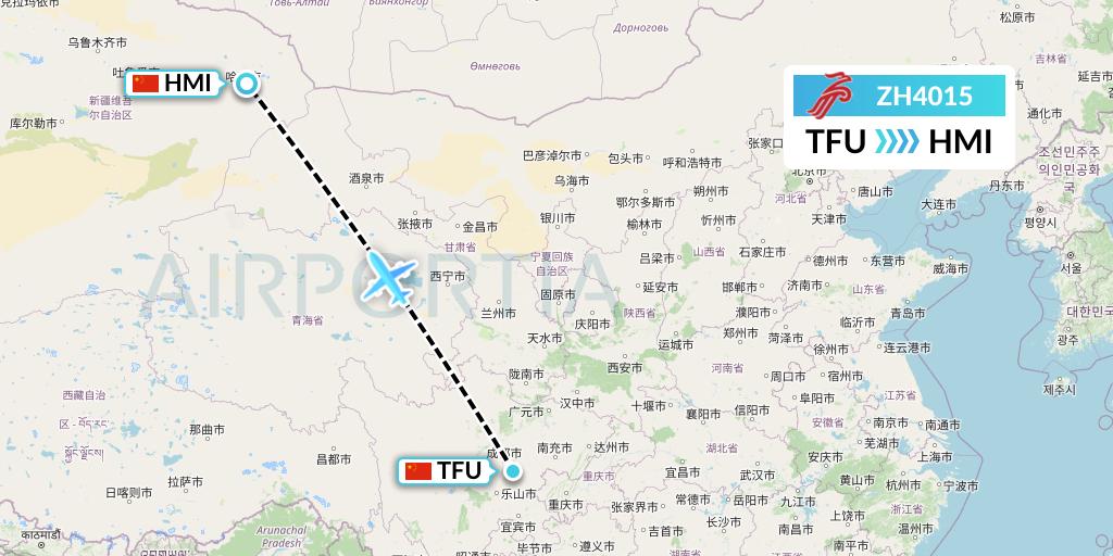 ZH4015 Shenzhen Airlines Flight Map: Chengdu to Hami City