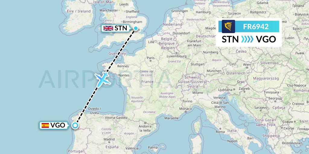 FR6942 Ryanair Flight Map: London to Vigo