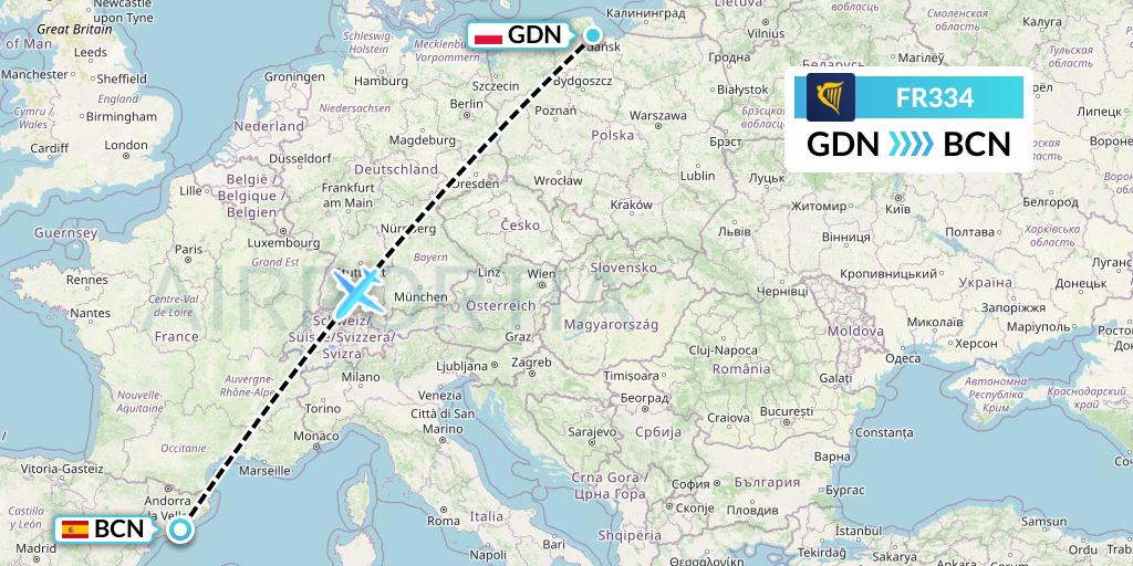 FR334 Ryanair Flight Map: Gdansk to Barcelona