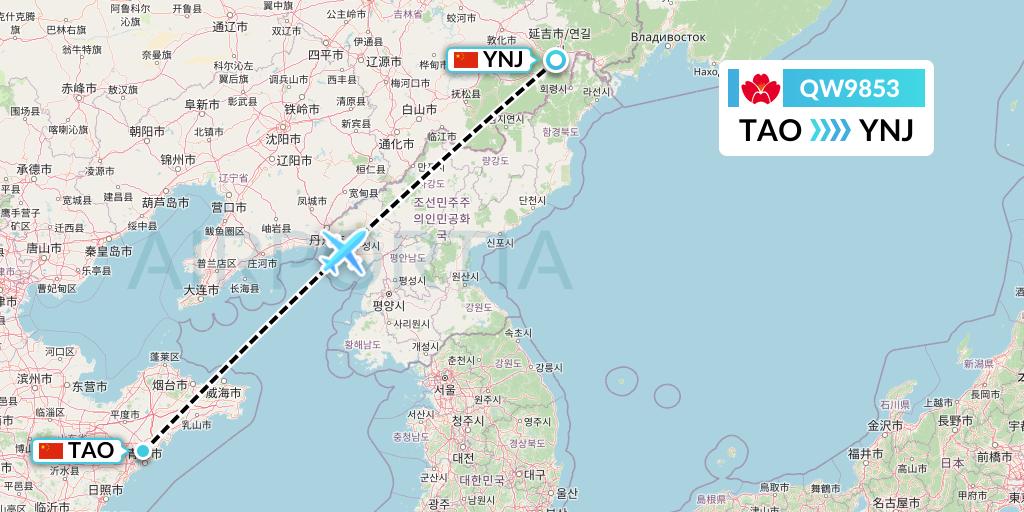 QW9853 Qingdao Airlines Flight Map: Qingdao to Yanji