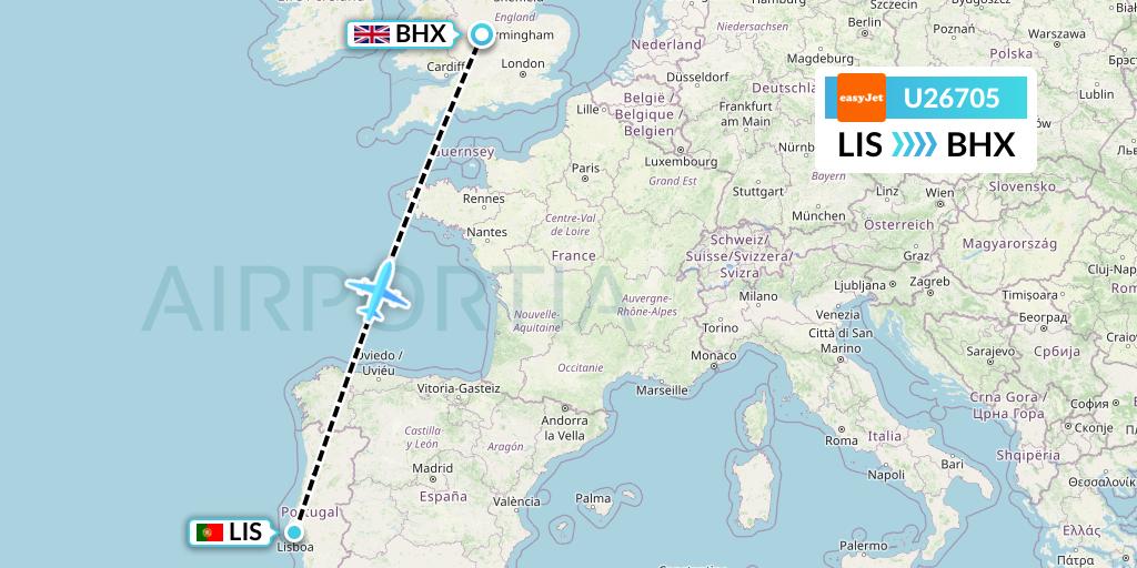U26705 EasyJet Flight Map: Lisbon to Birmingham