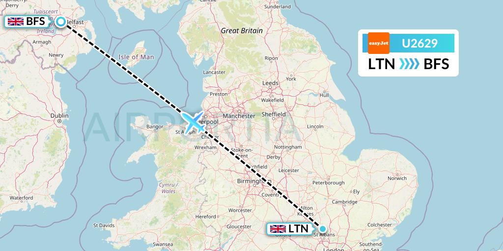 U2629 EasyJet Flight Map: London to Belfast