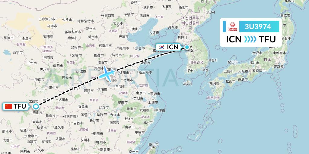 3U3974 Sichuan Airlines Flight Map: Seoul to Chengdu