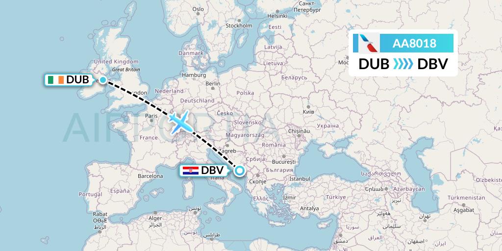 AA8018 American Airlines Flight Map: Dublin to Dubrovnik