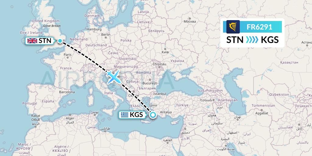 FR6291 Ryanair Flight Map: London to Kos