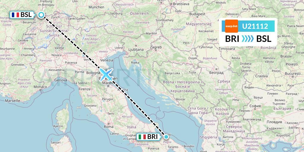 U21112 EasyJet Flight Map: Bari to Basel