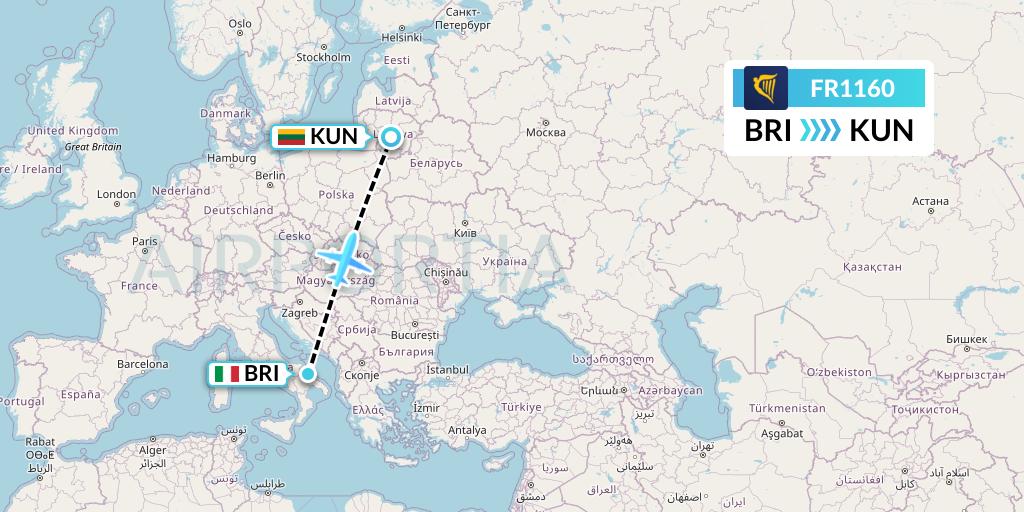 FR1160 Ryanair Flight Map: Bari to Kaunas