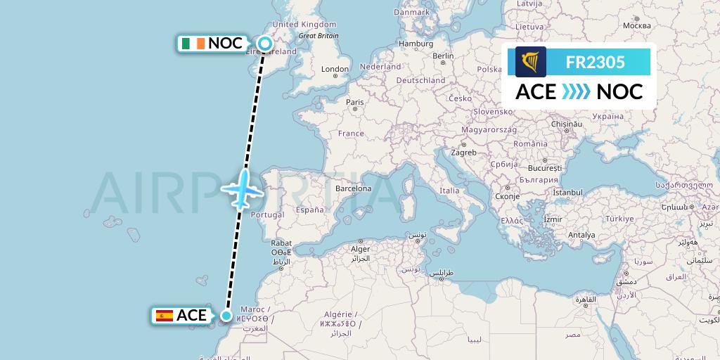 FR2305 Ryanair Flight Map: Lanzarote to Knock