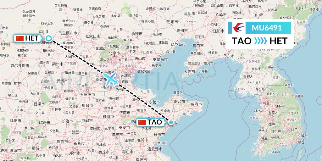 MU6491 China Eastern Airlines Flight Map: Qingdao to Hohhot