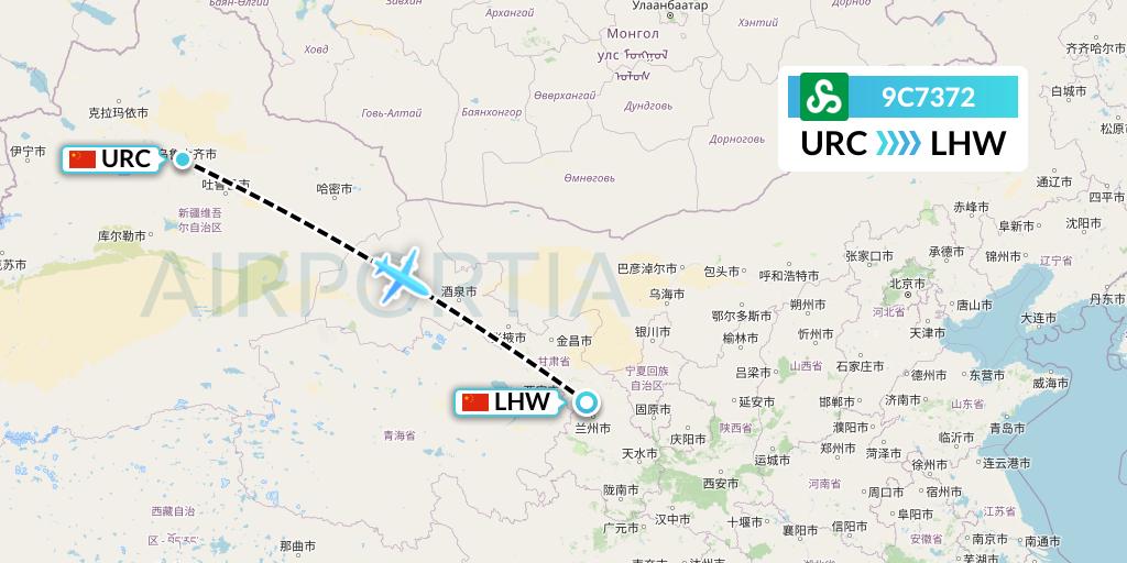 9C7372 Spring Airlines Flight Map: Urumqi to Lanzhou