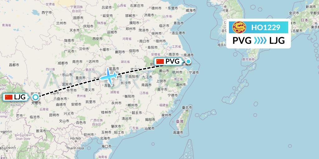 HO1229 Juneyao Airlines Flight Map: Shanghai to Lijiang