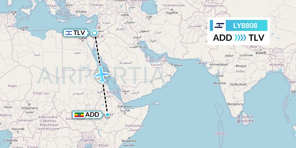 LY8808 El Al Flight Map: Addis Ababa to Tel Aviv