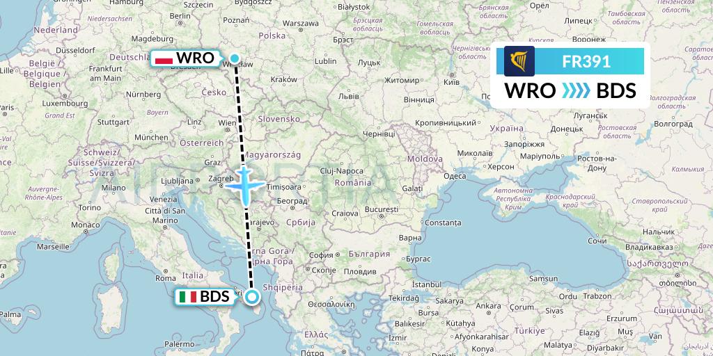 FR391 Ryanair Flight Map: Wroclaw to Brindisi