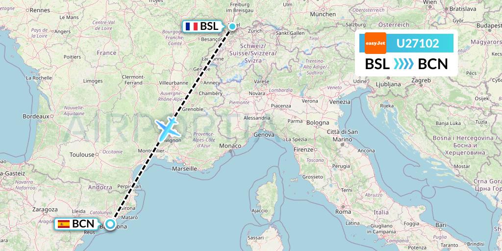 U27102 EasyJet Flight Map: Basel to Barcelona