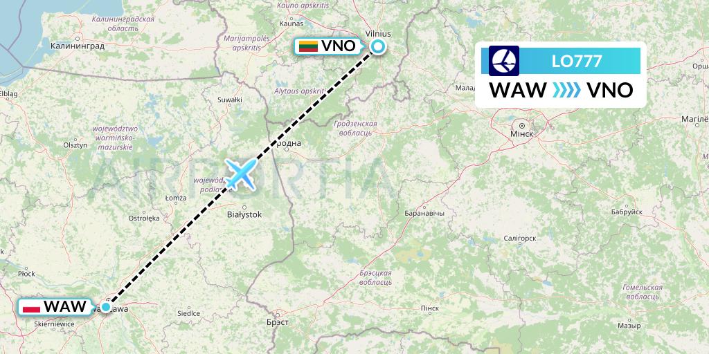LO777 LOT Flight Map: Warsaw to Vilnius