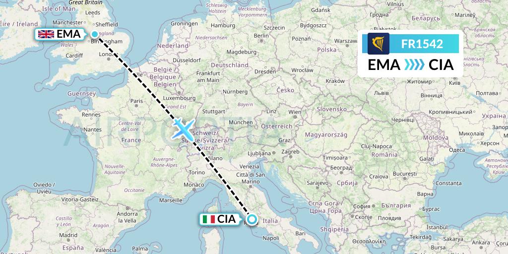 FR1542 Ryanair Flight Map: East Midlands to Rome