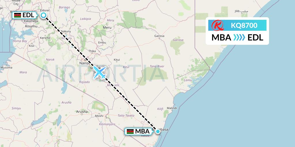 KQ8700 Kenya Airways Flight Map: Mombasa to Eldoret