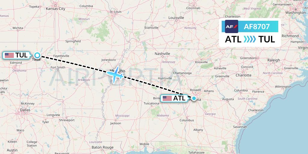 AF8707 Air France Flight Map: Atlanta to Tulsa