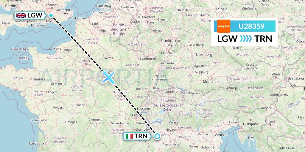 U28359 EasyJet Flight Map: London to Turin