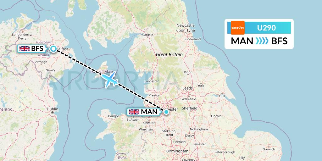 U290 EasyJet Flight Map: Manchester to Belfast