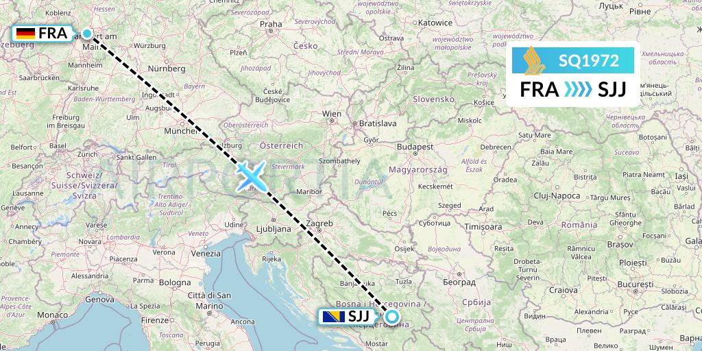 SQ1972 Singapore Airlines Flight Map: Frankfurt to Sarajevo