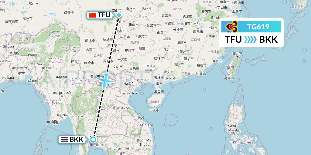 TG619 Thai Airways Flight Map: Chengdu to Bangkok