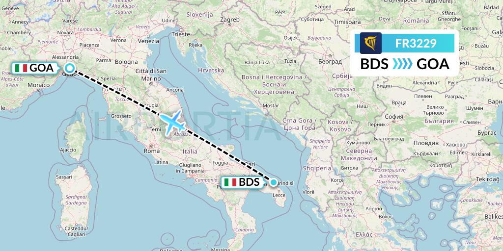 FR3229 Ryanair Flight Map: Brindisi to Genoa
