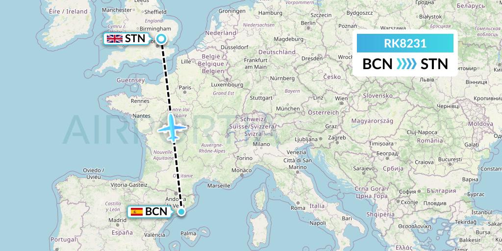 RK8231 Ryanair UK Flight Map: Barcelona to London