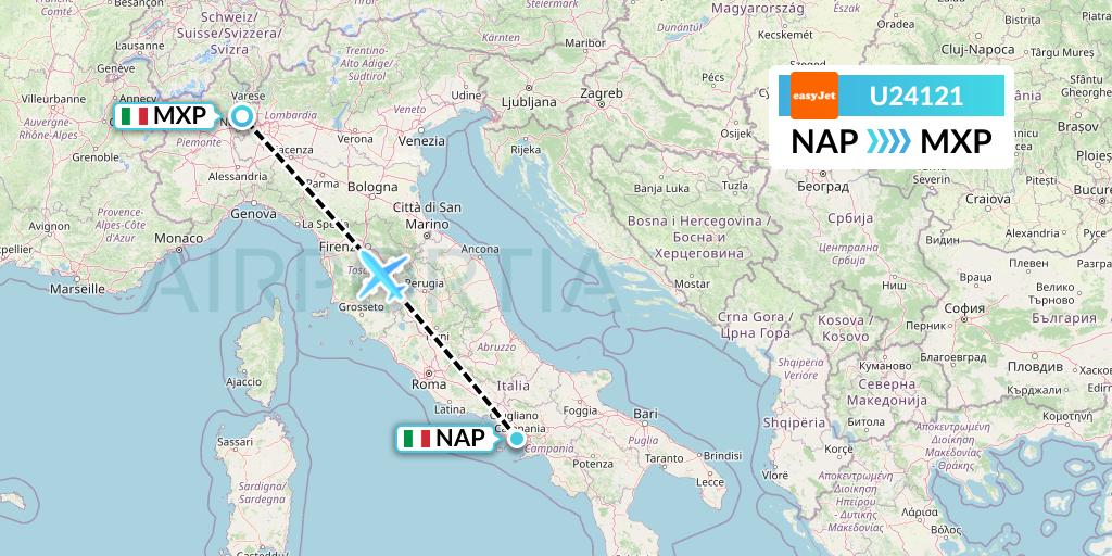 U24121 EasyJet Flight Map: Naples to Milan