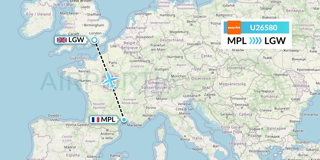 U26580 EasyJet Flight Map: Montpellier to London