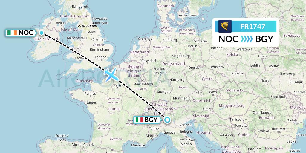 FR1747 Ryanair Flight Map: Knock to Milan