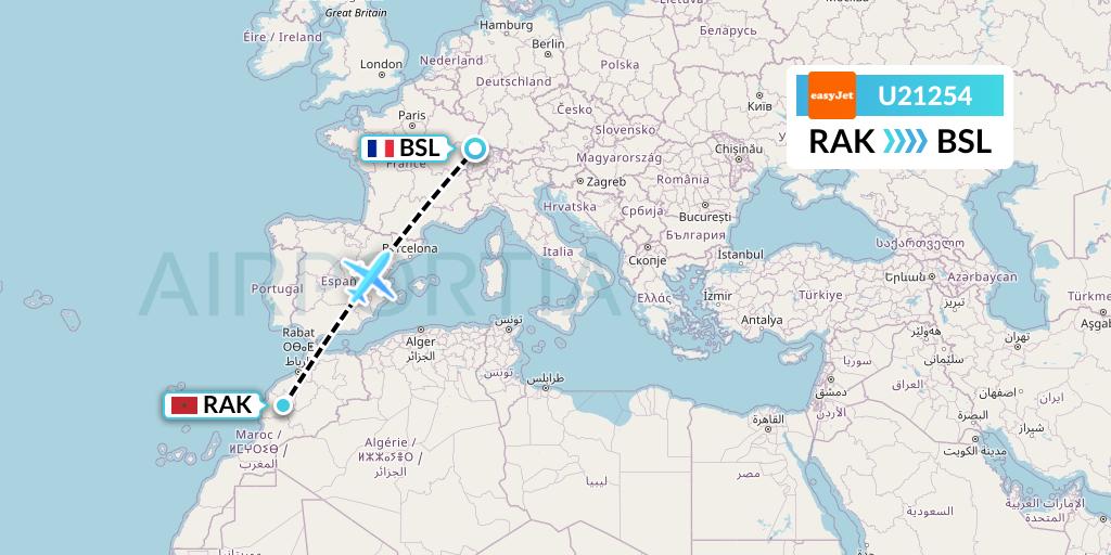 U21254 EasyJet Flight Map: Marrakesh to Basel