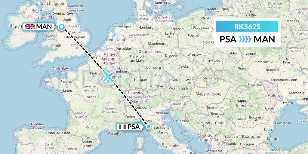 RK5625 Ryanair UK Flight Map: Pisa to Manchester