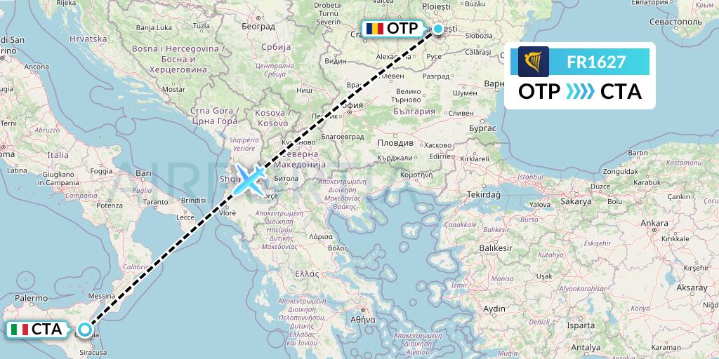 FR1627 Ryanair Flight Map: Bucharest to Catania