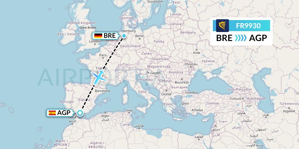 FR9930 Ryanair Flight Map: Bremen to Malaga