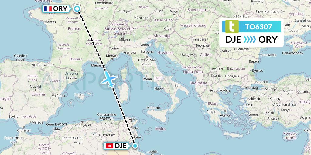 TO6307 Transavia France Flight Map: Djerba to Paris
