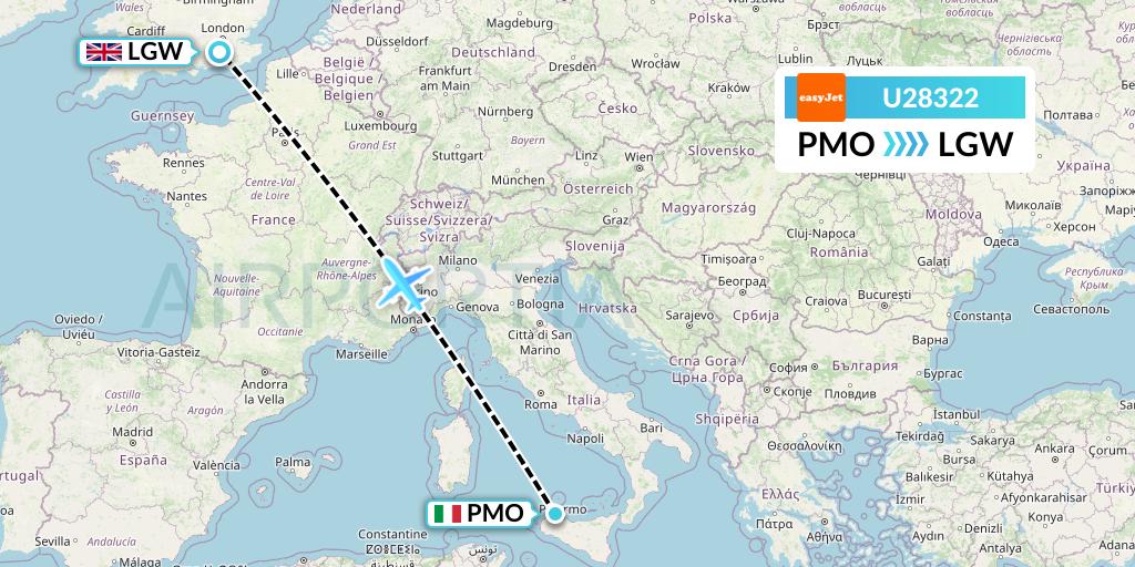 U28322 EasyJet Flight Map: Palermo to London