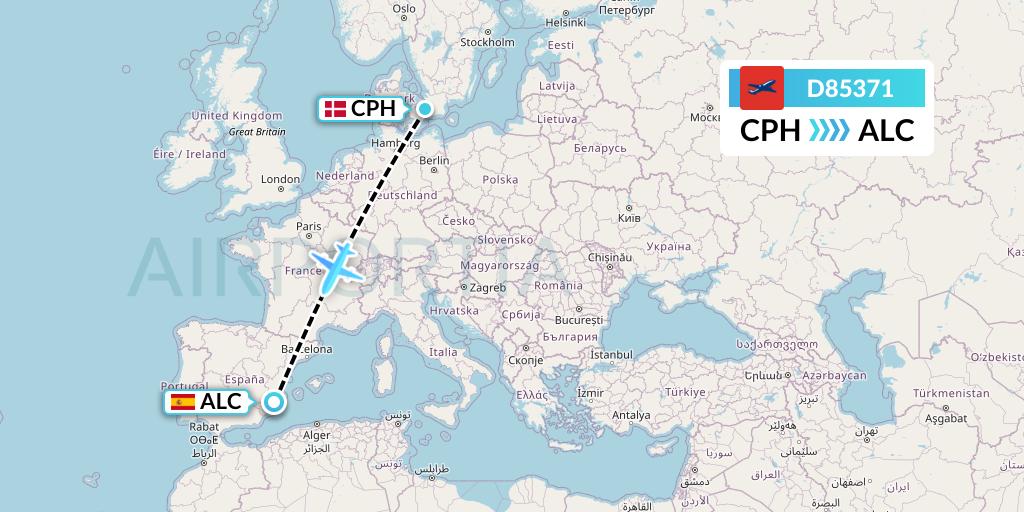 D85371 Norwegian Air International Flight Map: Copenhagen to Alicante