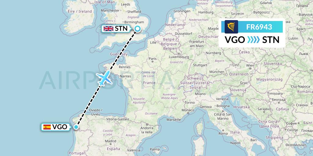 FR6943 Ryanair Flight Map: Vigo to London